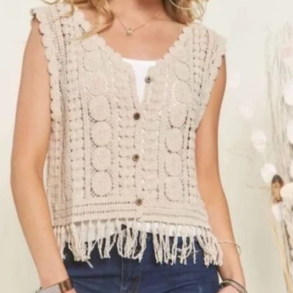 Rebellion Beige Crochet Fringe Button Vest